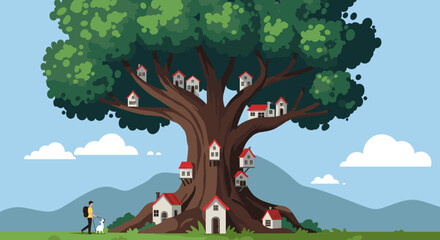 Whimsical tree house village enchanted forest digital illustration nature landscape aerial view imagination and adventure. Vector illustration