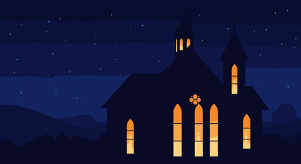 Fototapeta premium Nighttime scene of a church illuminated by warm lights serene landscape digital art atmospheric view. Vector illustration