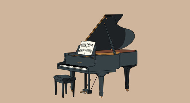 Grand piano performance setup home studio digital artwork minimalist design side view musical inspiration. Vector illustration