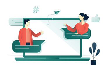 Two cartoon characters are chatting on a laptop. Messages concept illustration