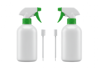 Two white spray bottles with green triggers and cleaning brushes isolated on transparent background