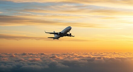 A commercial airplane ascends over a layer of clouds, set against a vibrant gradient sky of yellow, orange, and blue hues.