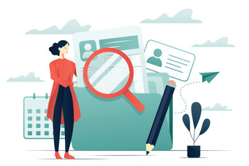 Female character searching for file in folder. Manager office or HR  with confident docs flat illustration