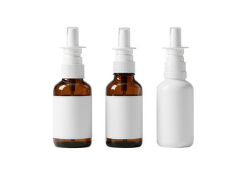 Fototapeta premium Three nasal spray bottles with white labels and white spray nozzles isolated on transparent background