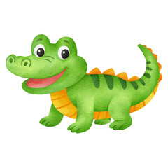Adorable watercolor cartoon alligator with bright green body, smiling face, and orange belly. Transparent PNG, perfect for stickers, kids’ books, educational projects, and animal clipart designs.