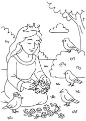 Coloring book page of a queen picking flowers in the garden.