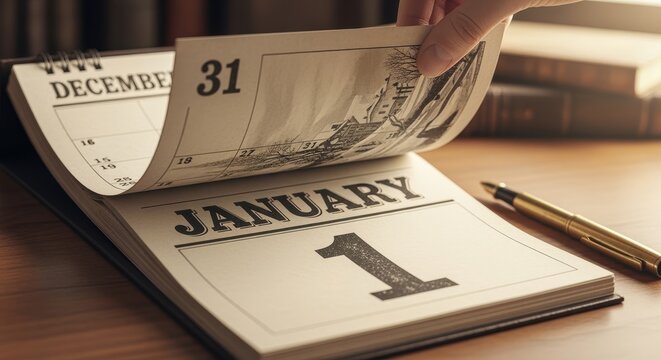 New Year's Day Transition: A close-up shot captures a hand turning the page of a desk calendar from December 31st to January 1st, marking the arrival of the new year and new beginnings.