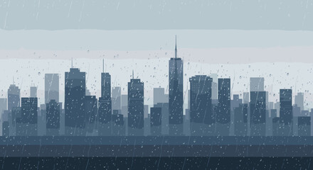 Rainy urban skyline cityscape digital art overcast environment wide view urban serenity. Vector illustration