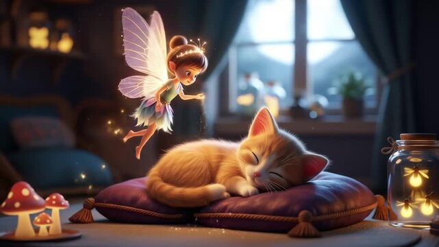 A whimsical fairy with glowing wings sprinkles magic dust over a sleeping ginger kitten resting on a soft cushion in a cozy room.