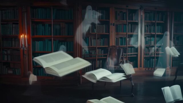 In a dimly lit library, ghosts flip through floating books, weaving tales of the past. This haunting yet enchanting scene blends mystery with knowledge, captivating viewers with its surreal atmosphere