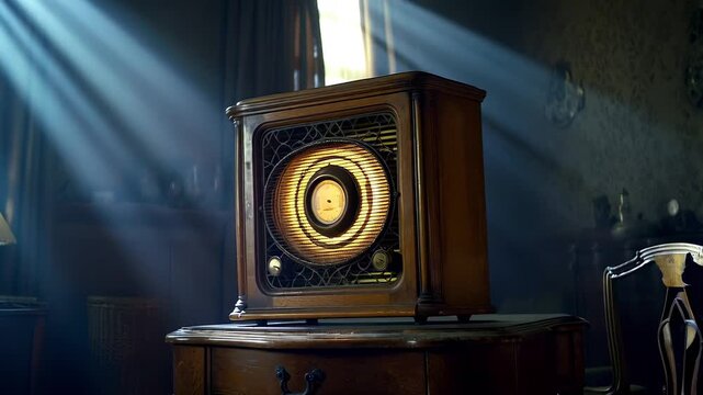 In a dust-lit room, an antique wooden radio glows softly as sunbeams cut through the air, illuminating its circular dial and worn cabinet, evoking quiet static, memory, and timeless nostalgia.