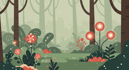 Exploring tranquil nature scenes in a lush forest serene landscape art enchanting environment peaceful viewpoint. Vector illustration