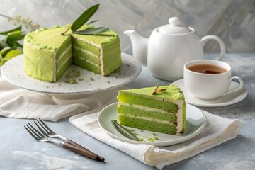 A delicious slice of green matcha cake with layers of cream, served with a cup of tea and a teapot, presented elegantly on a table with a fork and napkin