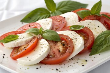 Caprese salad with fresh mozzarella, ripe tomatoes, and basil leaves, seasoned with black pepper and salt on a white plate