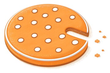 A round gingerbread cookie with white icing and polka dot decoration, with a piece cut out and crumbs scattered, isolated on a white background