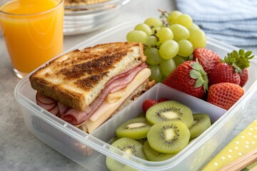 Healthy lunchbox with a grilled ham and cheese sandwich, fresh grapes, strawberries, kiwi slices, and a glass of orange juice