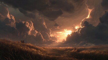 Ethereal light breaking through storm clouds over expansive golden field scape