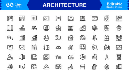Professional Architecture Line Icon Set Featuring Modern Minimal Designs, Unique Building Symbols, Construction Elements, Urban Planning Icons, and Structural Concepts for Creative Use