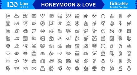 Honeymoon Romance Line Icon Set – Modern Minimal Unique Love Symbols, Couple Travel Line Icon Collection