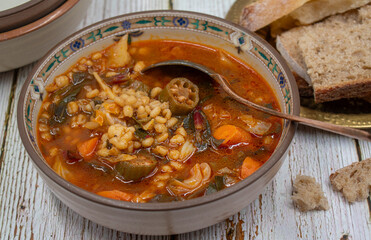 Barley and okra soup, vegan, plant based