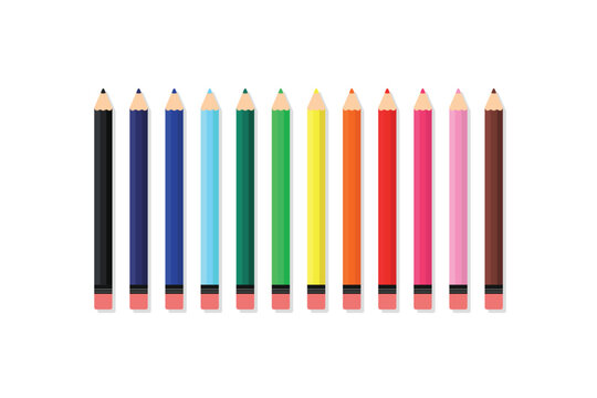 Colorful pencil set vector illustration with erasers in twelve vibrant shades. Ideal for school supplies, stationery, education materials, art projects, creative designs, children’s learning graphics