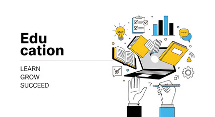 Flat vector illustration of an education concept with books, laptop, graphs, and creative elements. Symbolizing learning, knowledge growth, and academic success.

