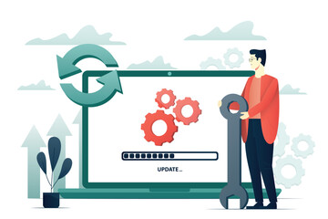 User with spanner and laptop synchronizing. Software update flat style business illustration 