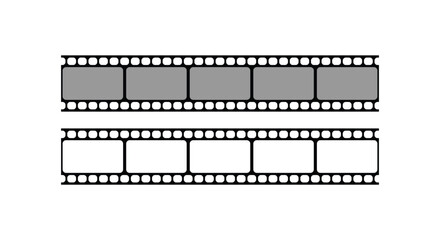 A clean vector illustration of two film strips, one with blank frames and one with gray frames. This graphic is perfect for movie, cinema, video, and photography-related designs