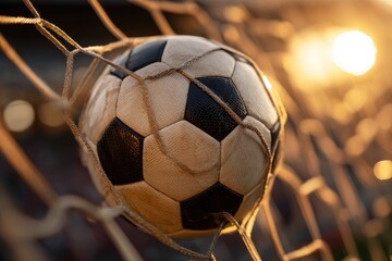 Soccer ball in a goal net at sunset
