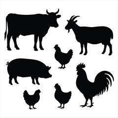 Silhouette of Cow, Goat, Pig, and Chickens