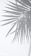 A delicate shadow of a palm leaf gracefully falls across a textured white wall, creating an intricate pattern that adds depth and tranquility to the scene.
