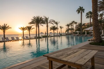 Tropical resort swimming pool with palm trees at sunset, reflecting the warm golden hour light on the water