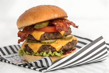 A delicious double beef burger with bacon, cheese, lettuce, tomato, onion, and pickles on a sesame seed bun, served on a striped napkin