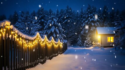 Snow falls on a winter landscape with a fence illuminated by string lights and a house glowing warmly in the background. Use for holiday or seasonal themed projects. - Powered by Adobe