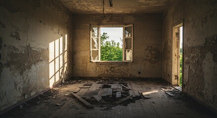 Fototapeta premium Sunlight Illuminates Decay in a Forgotten Room with a View of Nature