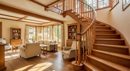 Obraz premium Sunlight Streams Across a Classic Living Room with a Grand Curved Oak Staircase