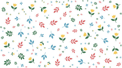 Seamless Botanical Pattern with Colorful Leaves and Yellow Flowers on White Background