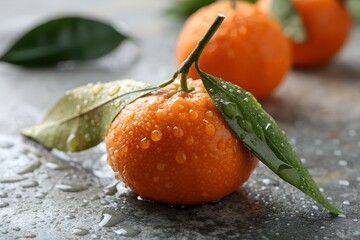 A closeup of a wet tangerine covered in water droplets, with green leaves and other tangerines in the background