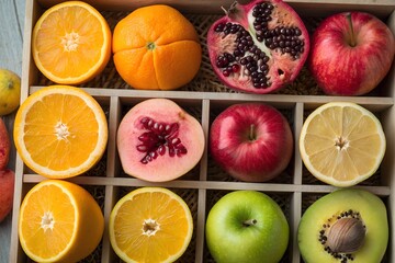 Assortment of fresh, ripe, and colorful fruits including apples, oranges, pomegranate, avocado, and lemon arranged in a wooden crate