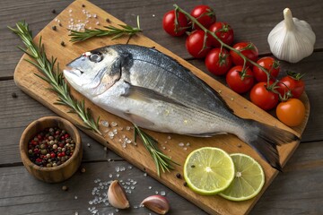 Raw dorado fish prepared for cooking with rosemary, garlic, cherry tomatoes, lime, and spices on a wooden board