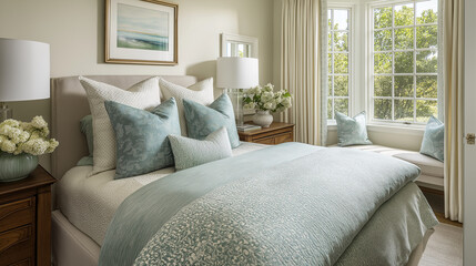 Bedroom with soft mint bedding, ivory walls and turquoise accents