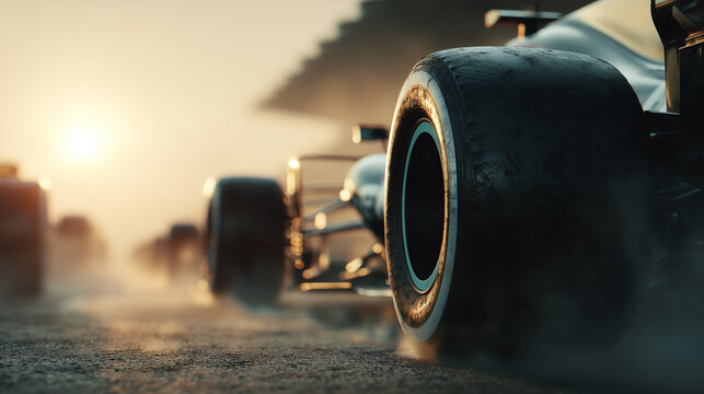 Front low angle close-up of F1 car on starting grid with tires