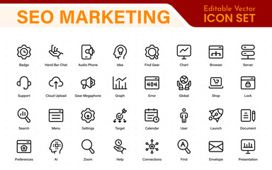 SEO – Search Engine Optimization. Thin‑line icon set for web, digital marketing, ranking, analytics, and website growth. Simple vector symbols for strategy and development.