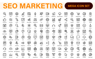 SEO – Search Engine Optimization. Thin‑line icon set for web, digital marketing, ranking, analytics, and website growth. Simple vector symbols for strategy and development.