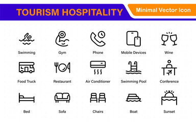Tourism Hospitality icon set industry. Editable stroke. Travel set. Summer vacations and holiday symbol vector illustration. traveling tourism, elements.
