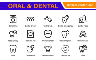 Oral and Dental icon set. Containing tooth, dentist, toothpaste, toothbrush, teeth, implant and dentistry icons. Solid icon collection.