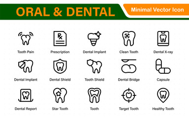 Oral and Dental icon set. Containing tooth, dentist, toothpaste, toothbrush, teeth, implant and dentistry icons. Solid icon collection.