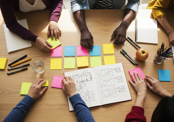 Diverse team brainstorming with sticky notes and sketching UI/UX wireframes in a creative workshop