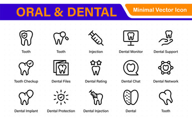 Oral and Dental icon set. Containing tooth, dentist, toothpaste, toothbrush, teeth, implant and dentistry icons. Solid icon collection.