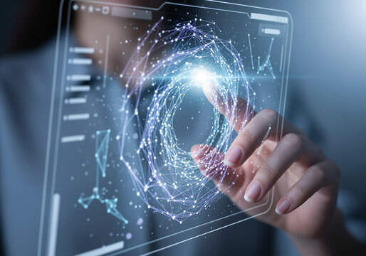 Woman's hand touching a glowing futuristic circular data network on a holographic user interface screen